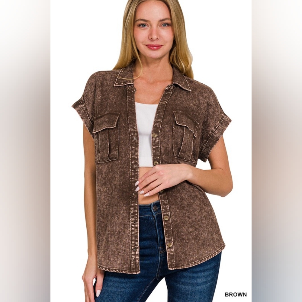 NWT - Linen Blend Acid Washed Button-Down Batwing Sleeve Brown Shirt - S